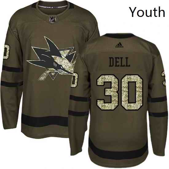 Youth Adidas San Jose Sharks 30 Aaron Dell Premier Green Salute to Service NHL Jersey